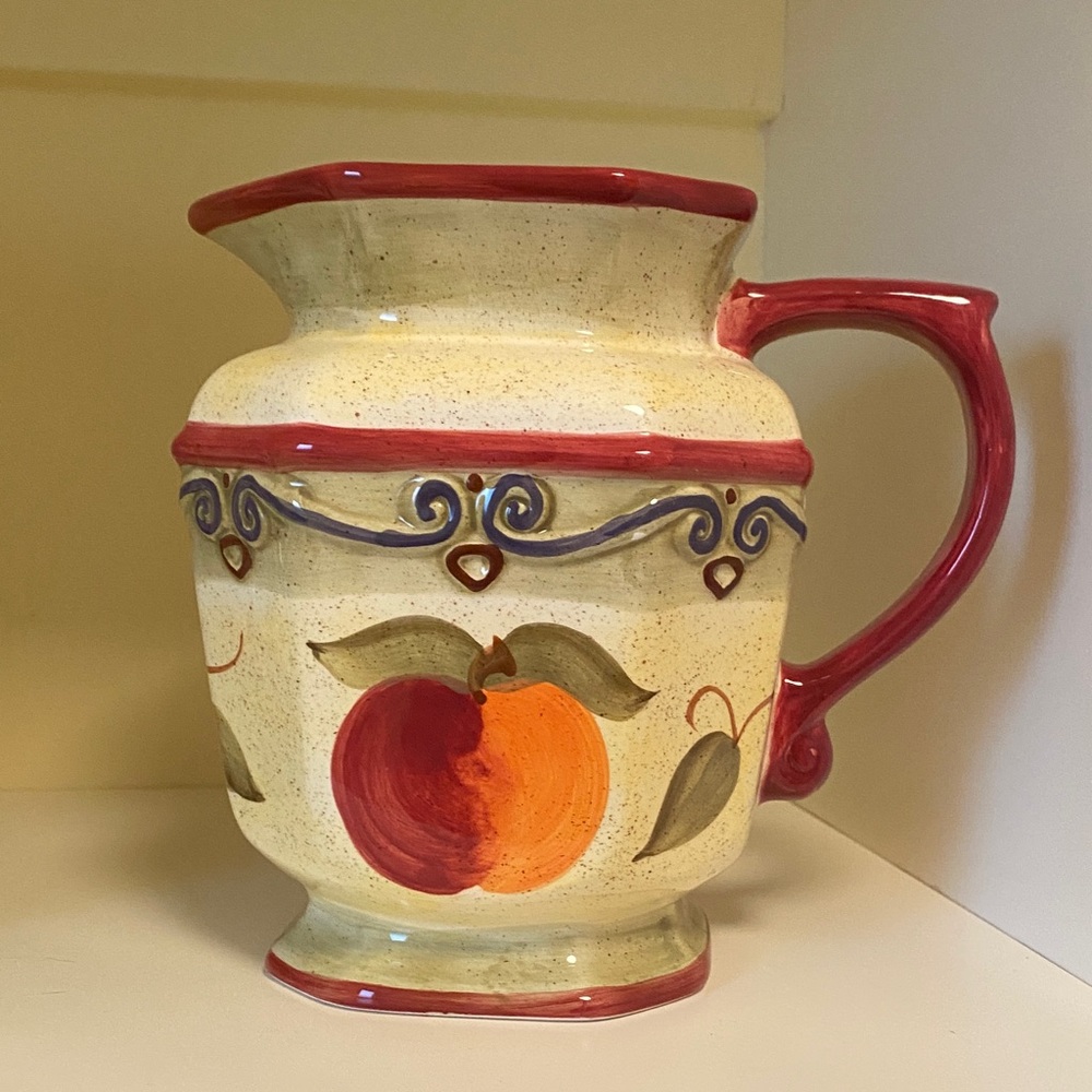 VINTAGE Artisan Ceramic Pitcher with Red and Orange Design - Bowring. EUC